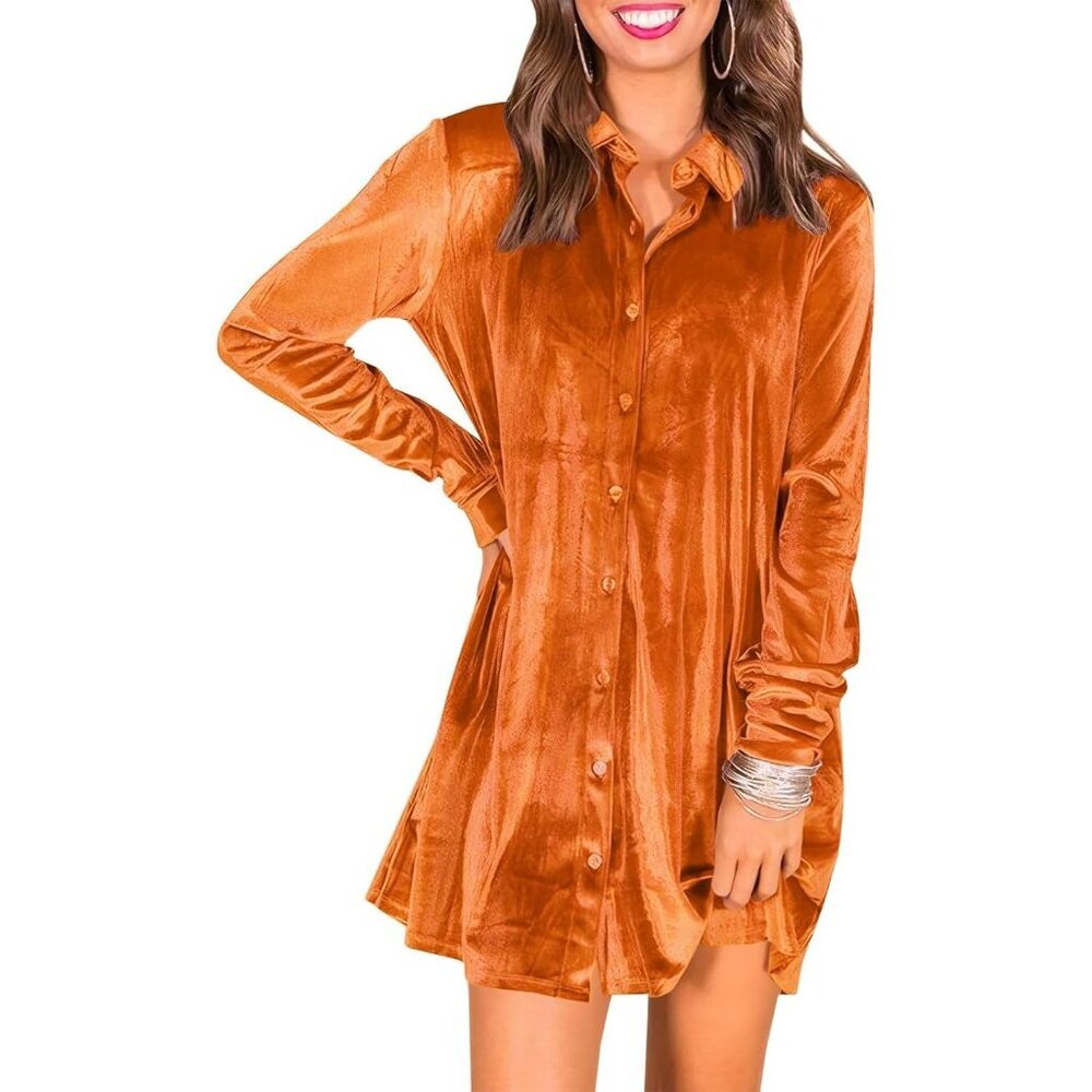 Women's Orange Velvet Button Down T Shirts Swing Mini Dress Casual Long